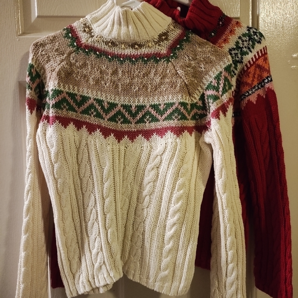 Women's Cable Knit Sweater - Cream, Brown, Red